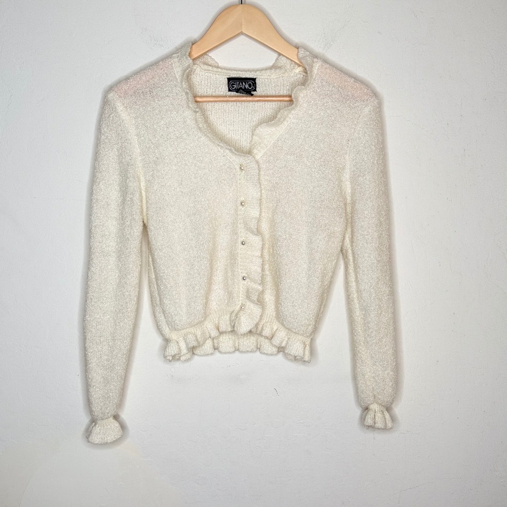 Gitano Cardigan Womens Medium Cream Acrylic Ruffle Pearl Button Vintage Coquette